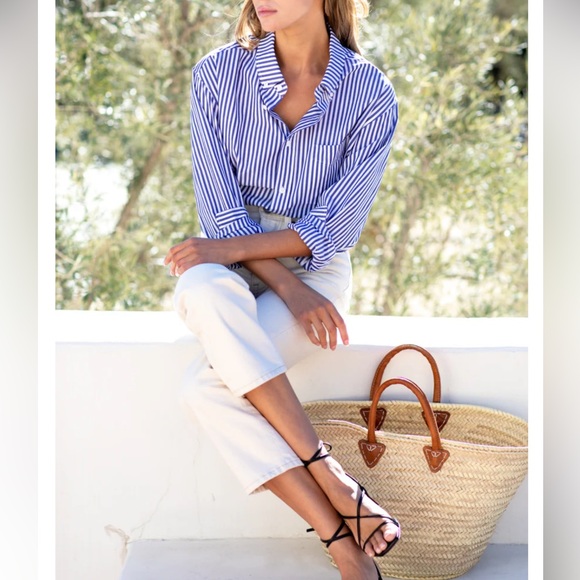 Lewit Blue Striped Poplin Button Down Exaggerated Cuff Boyfriend Shirt M - Picture 3 of 13